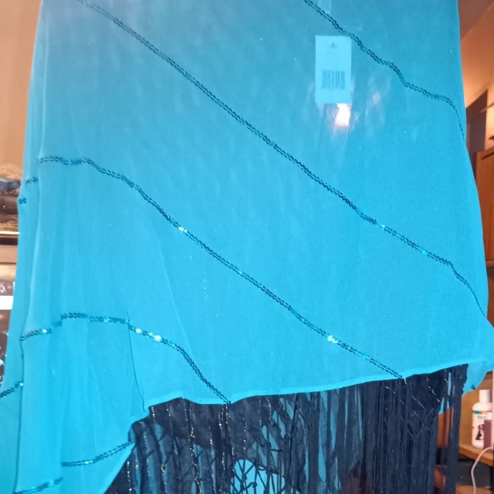 Teal Shawl with Navy Fringe